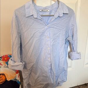 Zara Light Blue Windowpane Check Button-Down Shirt